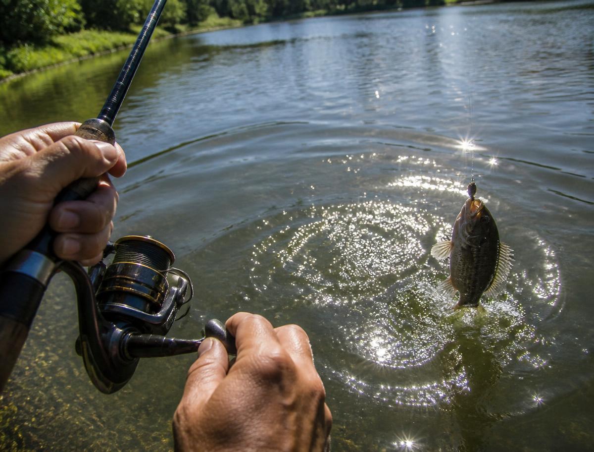 Peixe fisgado saindo da água ao sol