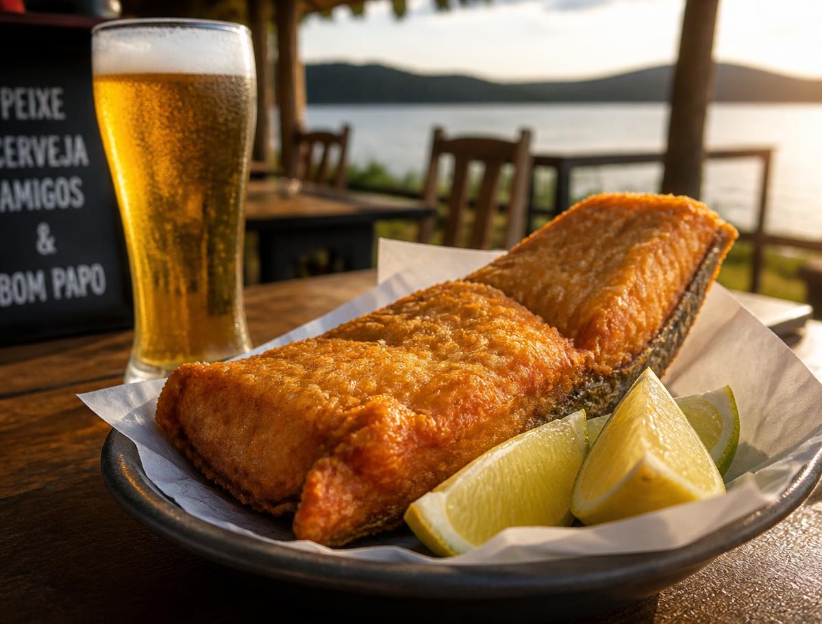 Porção de peixe frito com limão e chopp